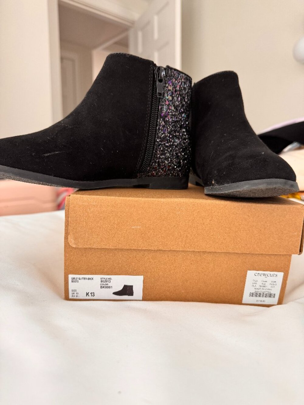 J Crew kids black sued with glitter heel bootie in kids size 13 and 12